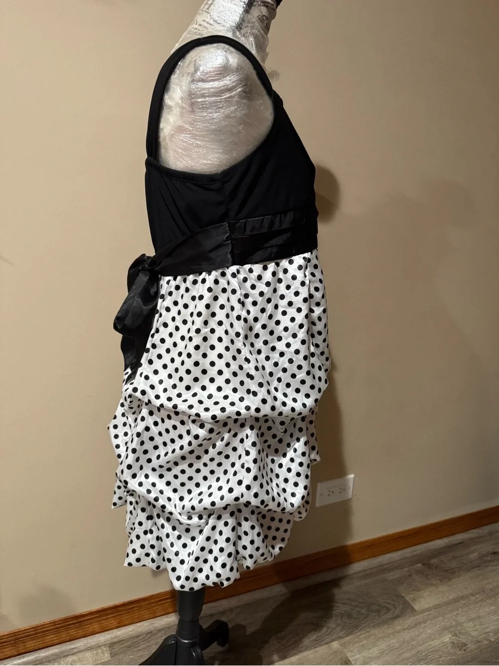 Iz Byer Black and White Polka Dot Bubble Hem Formal Dress